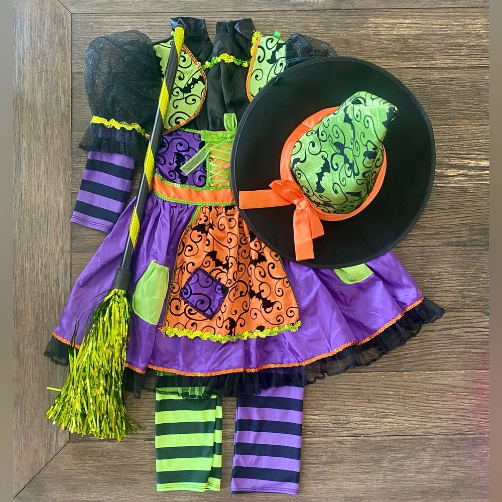 Witch Costume Halloween Youth 5/6 Dress Up Black Purple Green Hat FAST SHIPPING